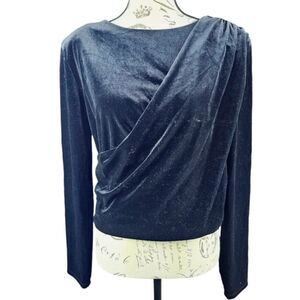 Maison d'Amelie -492 NWOT Black Velvet Ruched Back‎ Faux Wrap Long Sleeve Top L